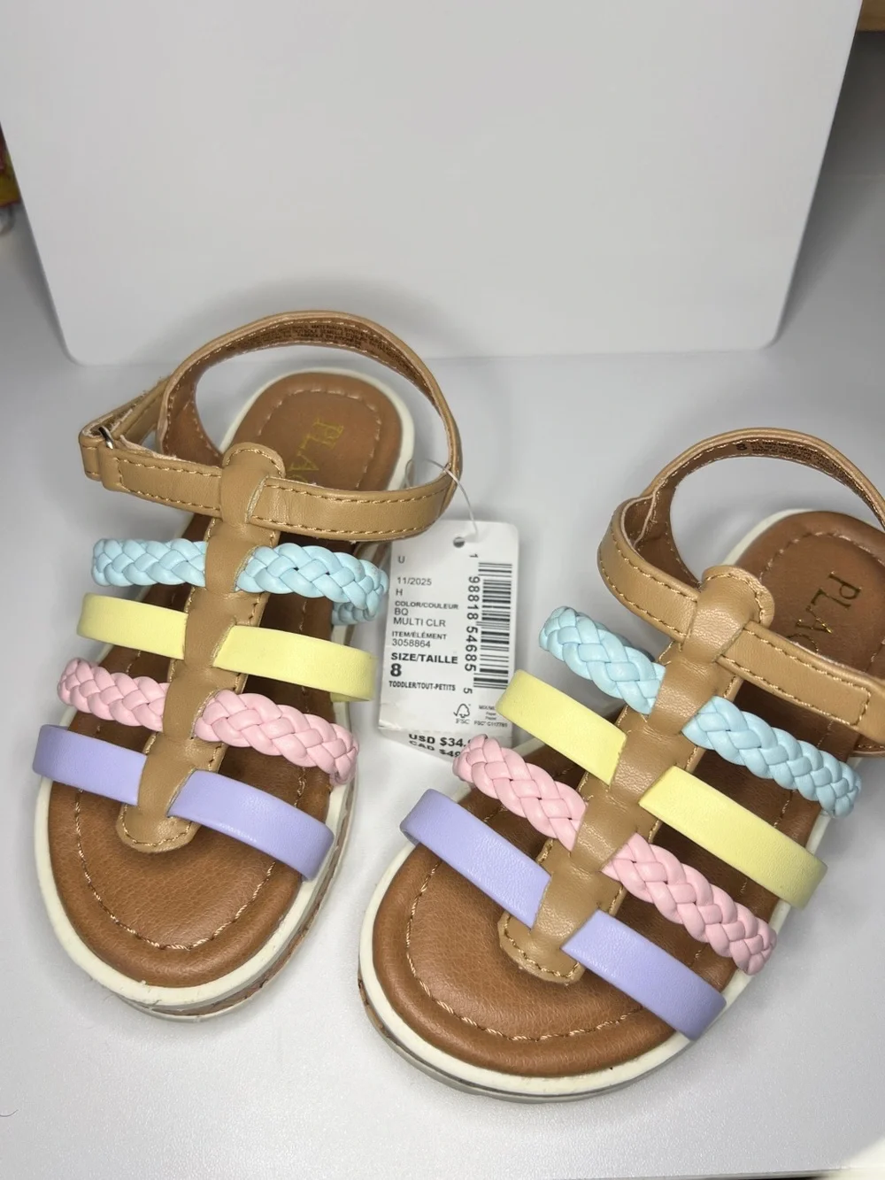 The Children's Place Tan Sandals with Pastel Blue Pink Yellow Purple Straps
